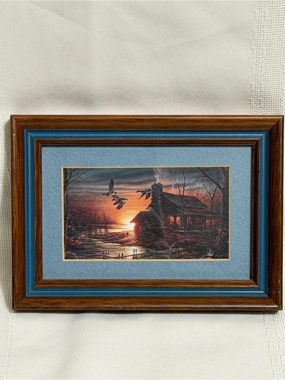 TERRY REDLIN FRAMED & MATTED PRINT “Golden Retreat” 5 x 7” Log Cabin Sunset Lake